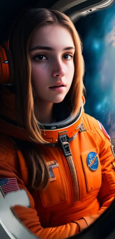 Young female astronaut gazing out from spaceship window.