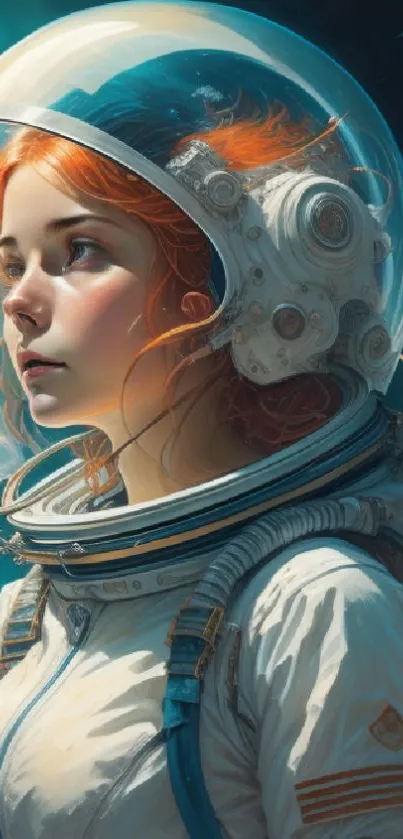 Red-haired astronaut girl in space suit.