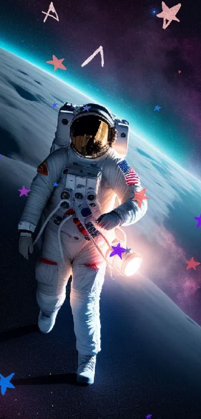 Astronaut floating in space with Earth and stars in the background.