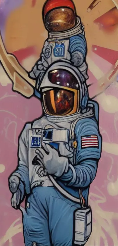 Graffiti art wallpaper with astronauts in colorful suits.