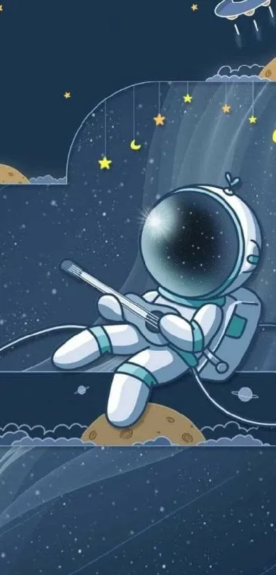 Cute astronaut plays guitar in starry space.