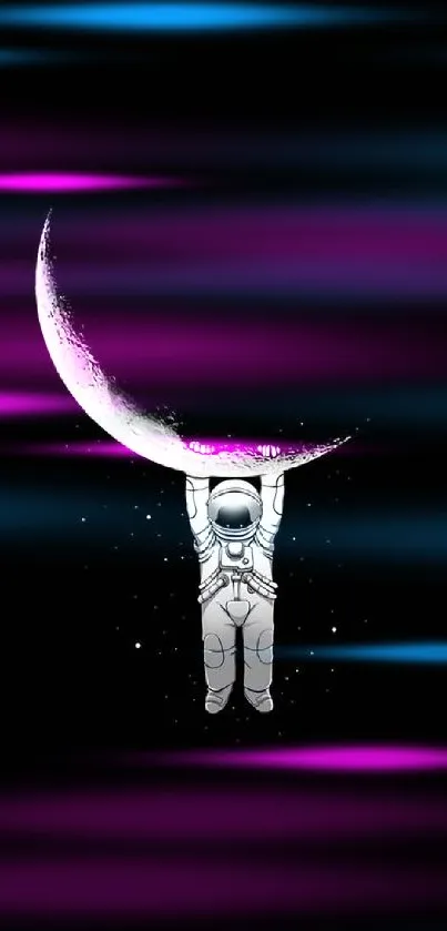 Astronaut hanging from the crescent moon on black background.