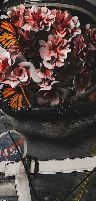 Astronaut helmet filled with pink flowers and butterflies.