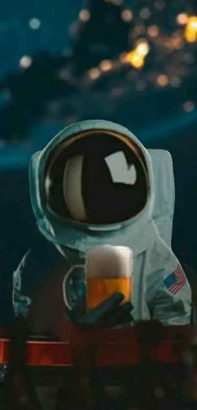 Astronaut in a suit holding a beer under a starry sky.