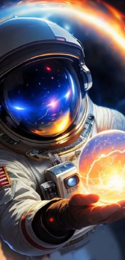 Astronaut holding a radiant orb in space.