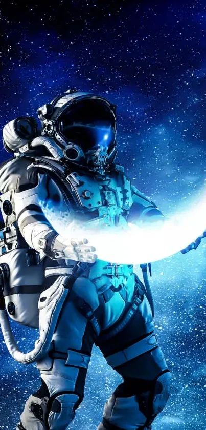 Astronaut in spacesuit holding glowing crescent moon against a starry space background.