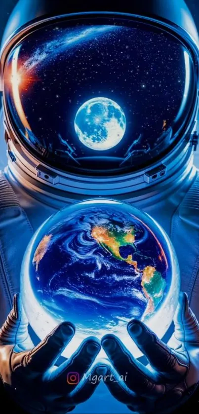 Astronaut holding Earth with cosmic reflections in helmet.