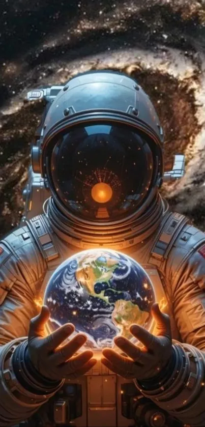 Astronaut holds glowing Earth in galaxy.
