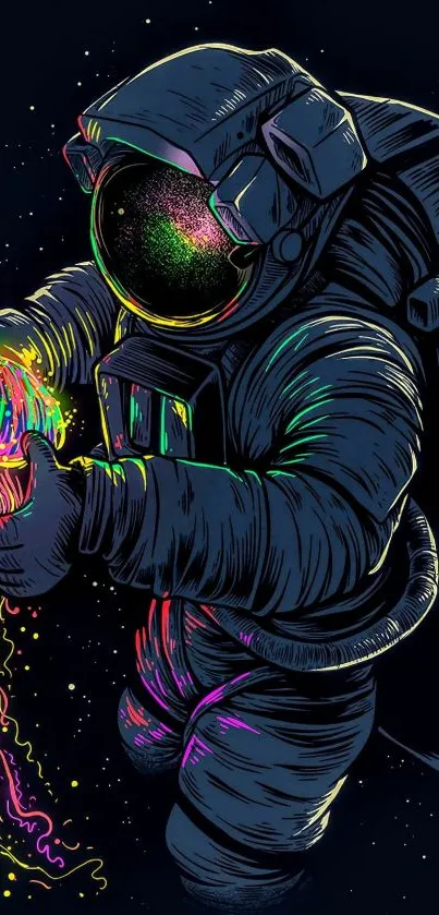 Astronaut holding a glowing, colorful jellyfish in space art.