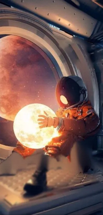 Astronaut holding glowing moon in space capsule with planet view.