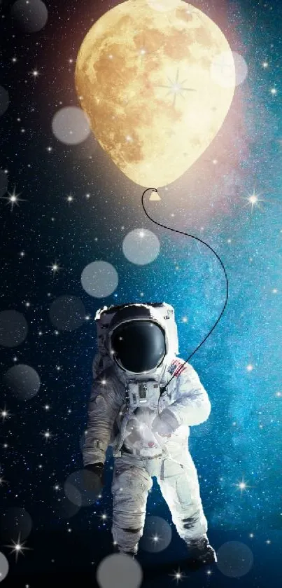 Astronaut with moon balloon floating in space, cosmic theme.