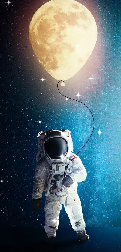 Astronaut holding moon balloon on starry background.