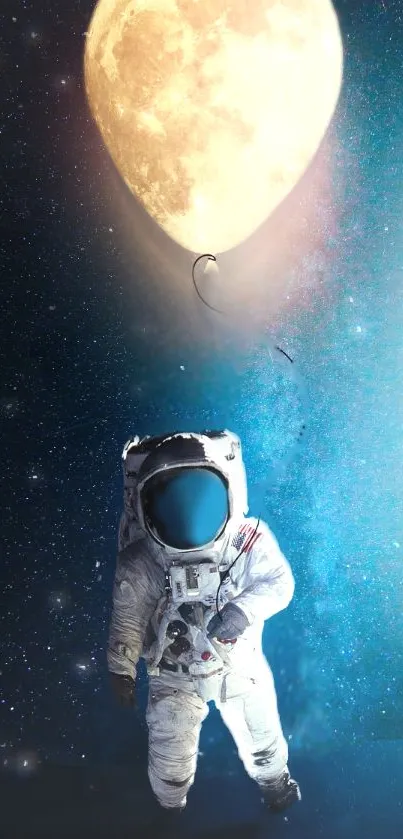 Astronaut holding a moon balloon against a starry sky.