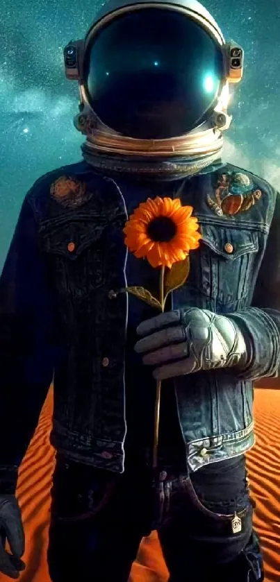 Astronaut holding sunflower in cosmic desert.