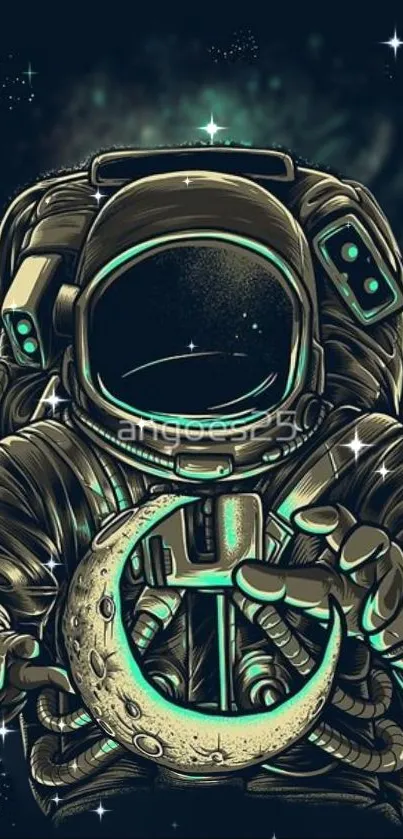 Illustrated astronaut holding a crescent moon with starry backdrop.