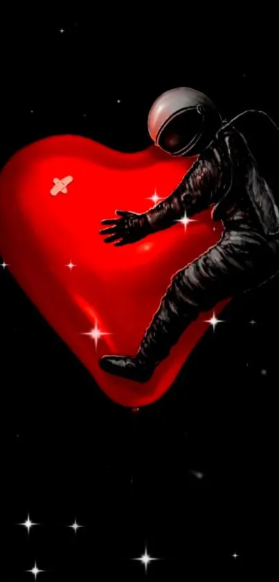 Astronaut hugging a luminous red heart in space.