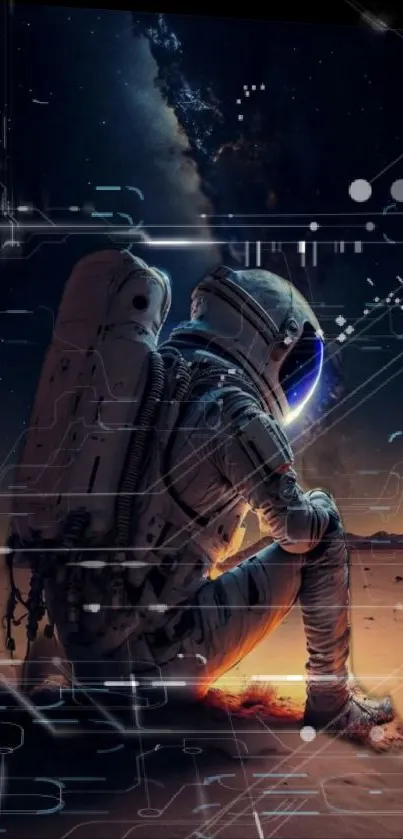 Astronaut sitting under a digital galaxy night sky with tech patterns.