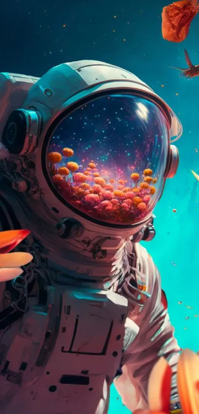 Astronaut with floral reflection in helmet surrounded by cosmic flowers.