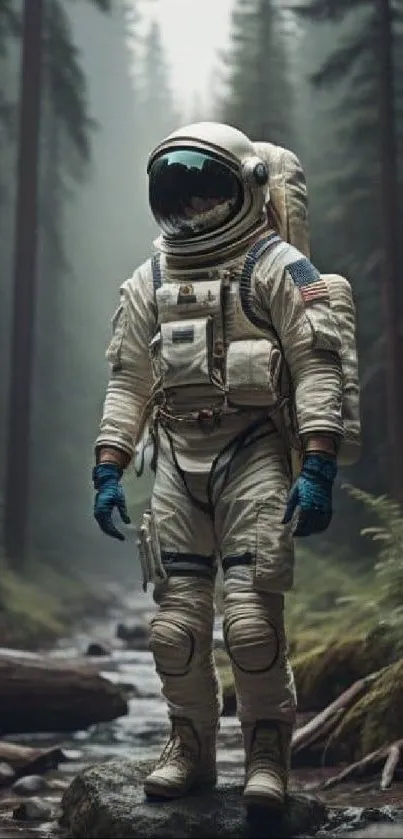 Astronaut standing in dimly lit forest, blending space and nature.