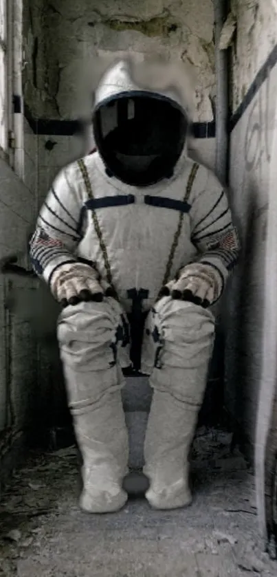 Astronaut in an abandoned, dilapidated room setting.