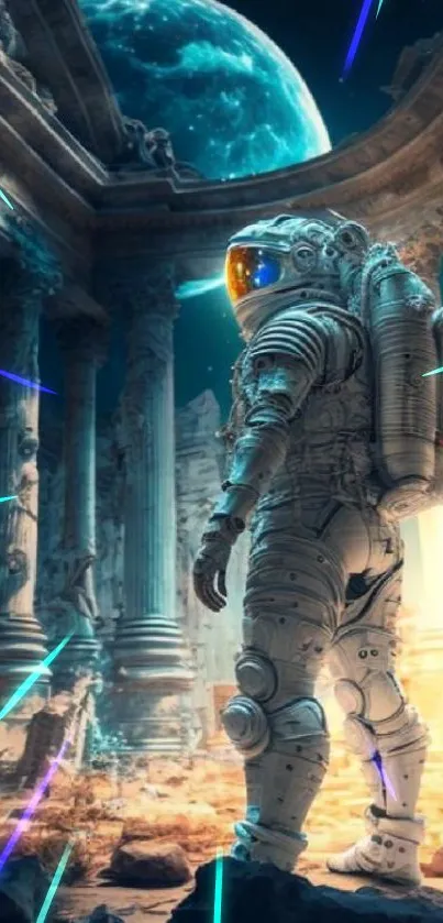 Astronaut exploring ancient ruins with Earth in view.