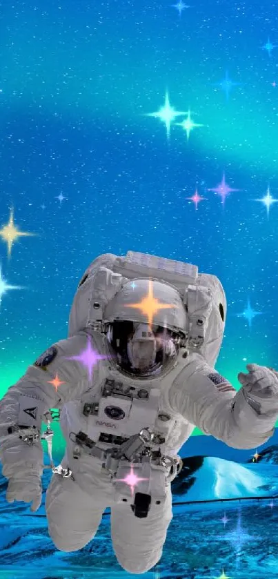 Wallpaper of astronaut with green aurora in night sky.