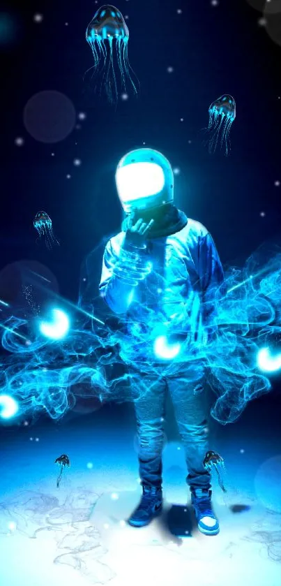 Astronaut surrounded by ethereal blue glow with jellyfish in cosmic scene.