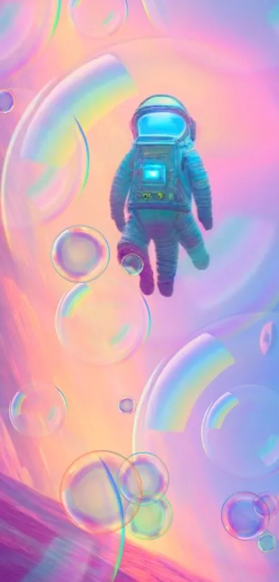 Astronaut floating among colorful bubbles in pastel sky.