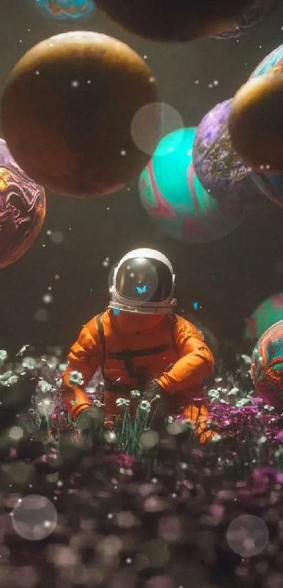 Astronaut surrounded by colorful planets in a cosmic scene.