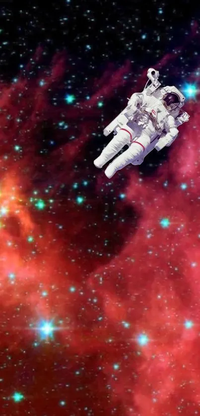 Astronaut floating in colorful red nebula with stars.