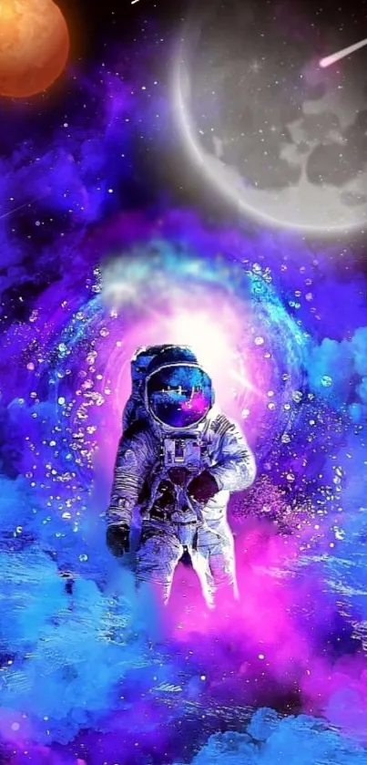 Astronaut in a vibrant blue and purple cosmic scene with planets.