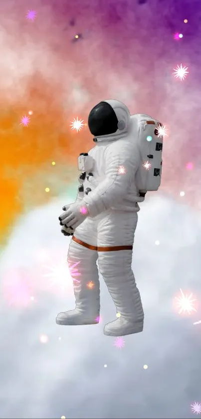 Astronaut floating in a vibrant, colorful galaxy with stars.