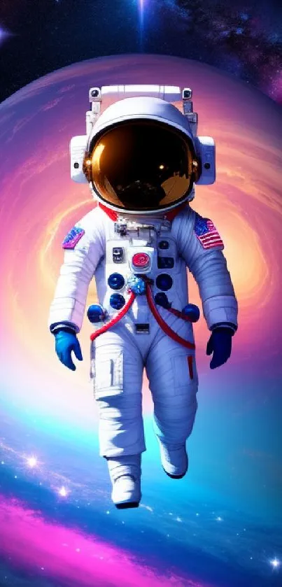 Astronaut floating in vibrant space vortex with purple hues.