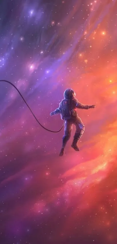 Astronaut floating in colorful nebula space, vibrant mobile wallpaper.