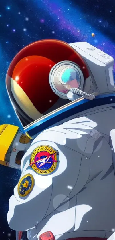 Astronaut in colorful outer space scene with planets.