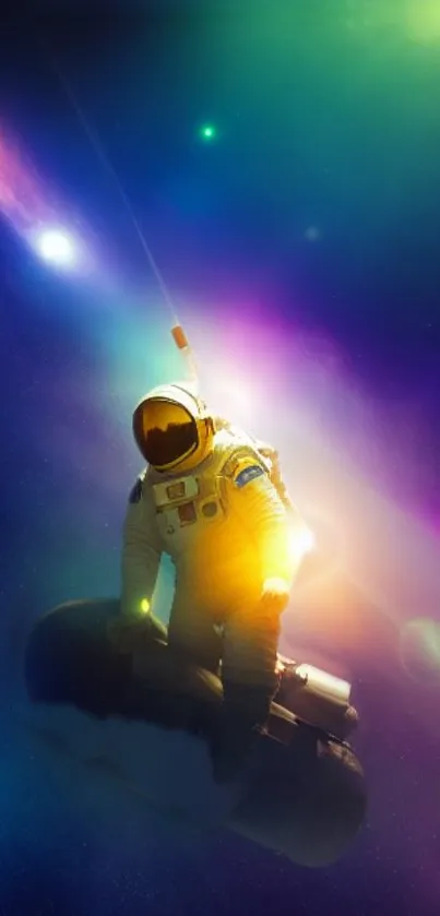 Astronaut floating in colorful galaxy, vibrant space scene.