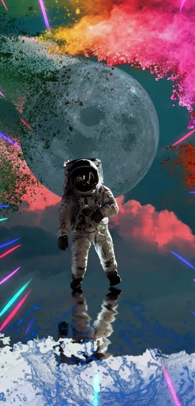 Astronaut standing on colorful surface with moon in vivid space.