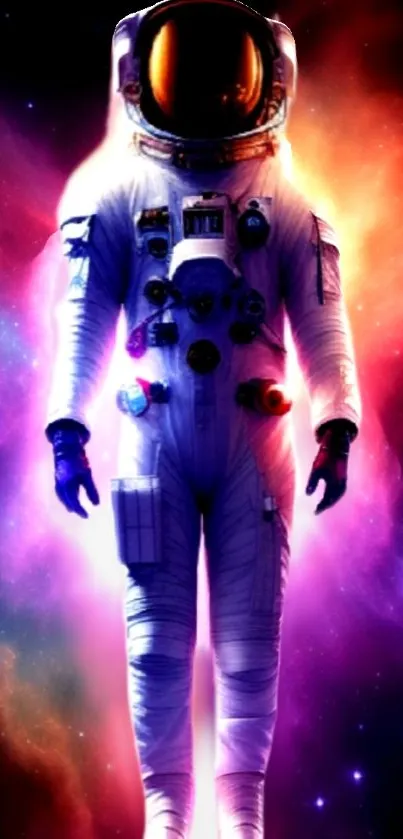 Vibrant astronaut in a colorful cosmic space background.