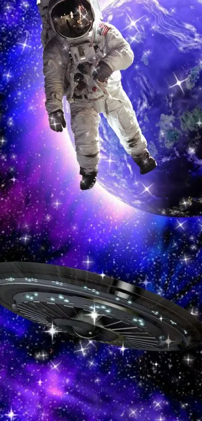 Astronaut floating in vibrant cosmic space with galaxies and a spaceship.