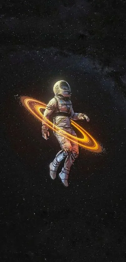 Floating astronaut with orange rings in space art.