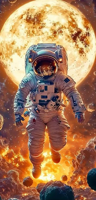 Astronaut floating with fiery cosmic background and full moon.