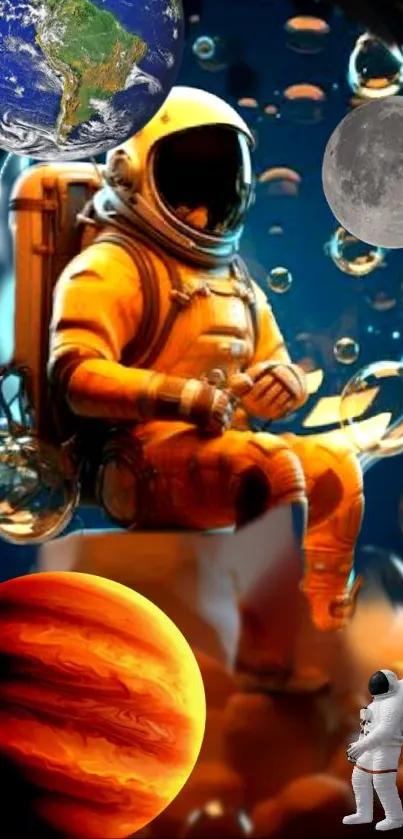 Astronaut floating amidst cosmic bubbles and planets in space.