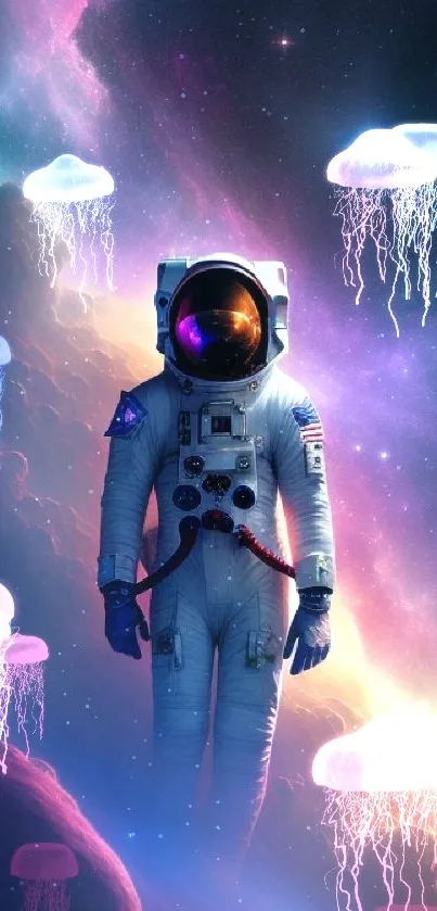 Astronaut amidst vibrant cosmic clouds and nebula hues in space.