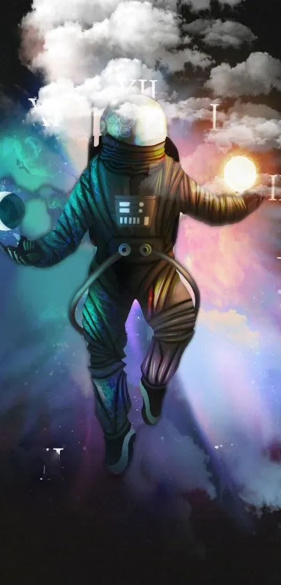 Astronaut floating in colorful cosmic clouds holding glowing orbs.