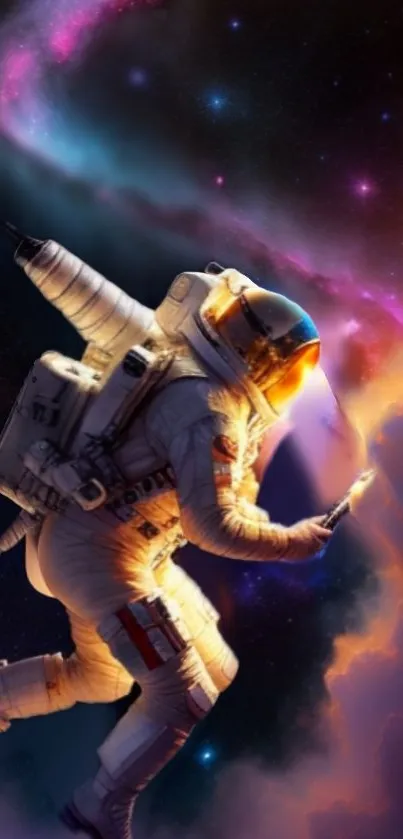 Astronaut explores vibrant cosmic clouds in space-themed mobile wallpaper.