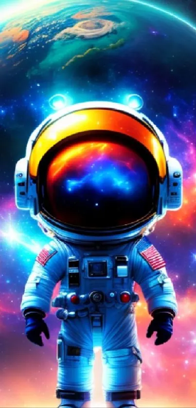 Vibrant astronaut standing in front of a cosmic galaxy background.