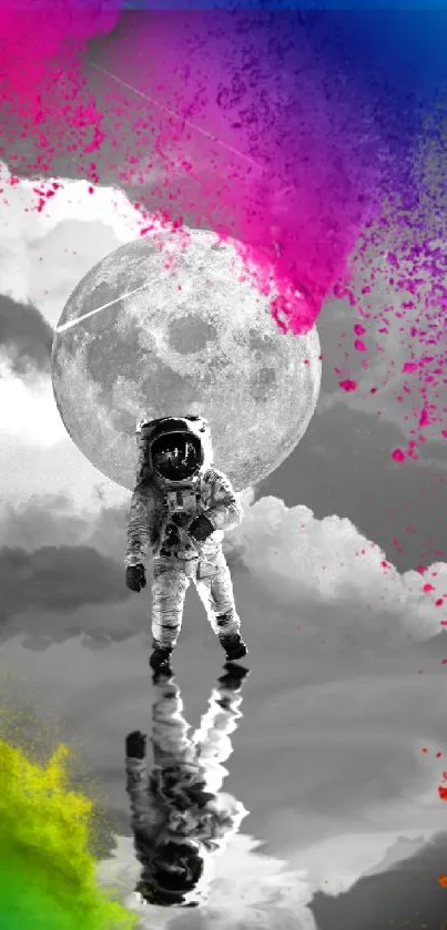 Astronaut with colorful splash reflecting in moonlit cosmic scene.