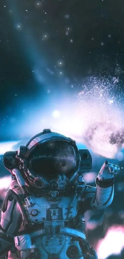 Astronaut exploring a dreamy blue and pink cosmic background.