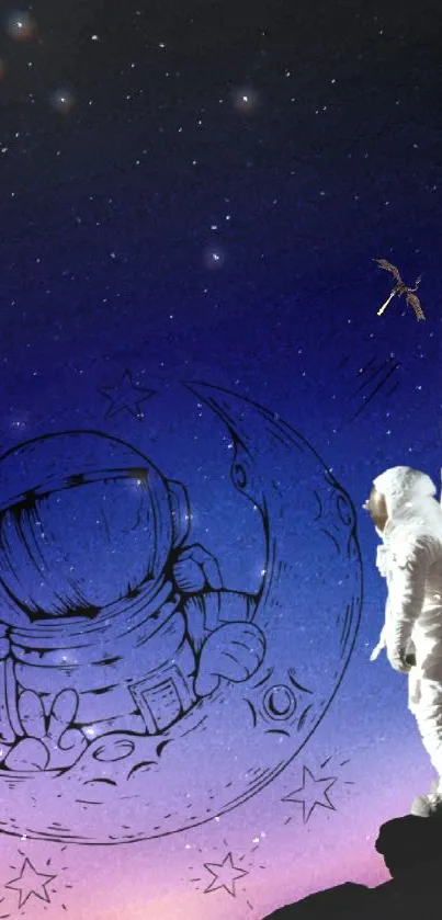 Astronaut gazing into a cosmic, starry night illustration on mobile wallpaper.