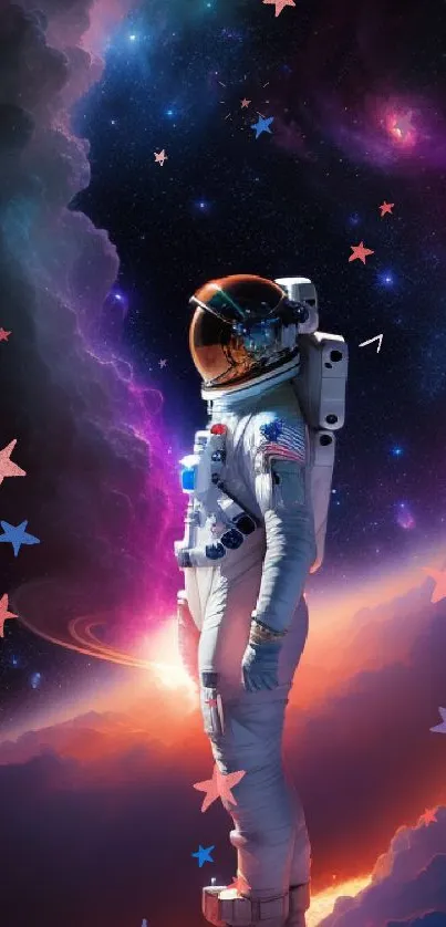 Astronaut in vibrant cosmic scene with nebulae and stars.